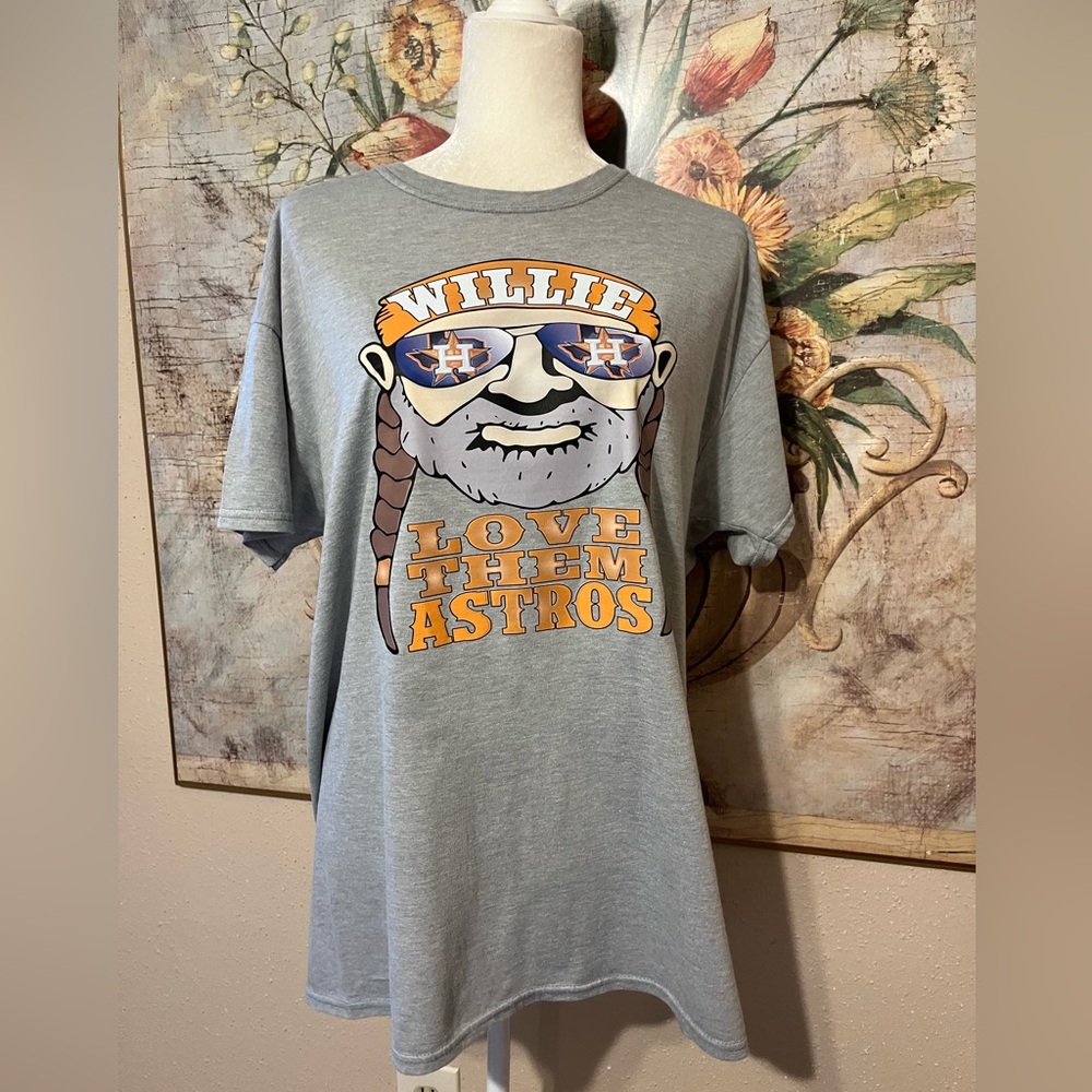 Sz L Hanes ComfortSoft Willie Nelson “Willie Love Them Astros” Heather Gray Tee - Picture 4 of 8